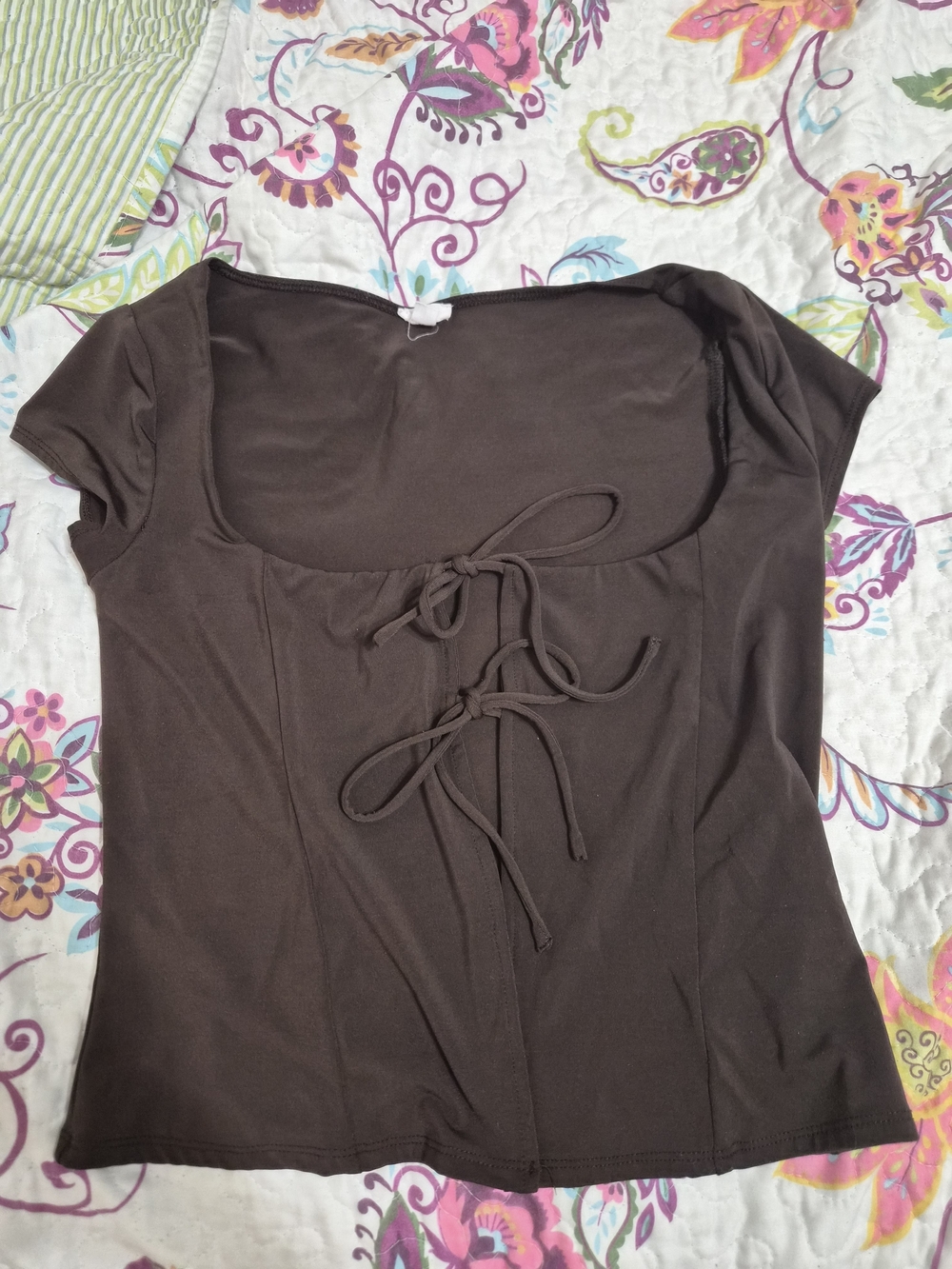 Garage Brown Scoop Neck Tie-Front Short Sleeve Top
